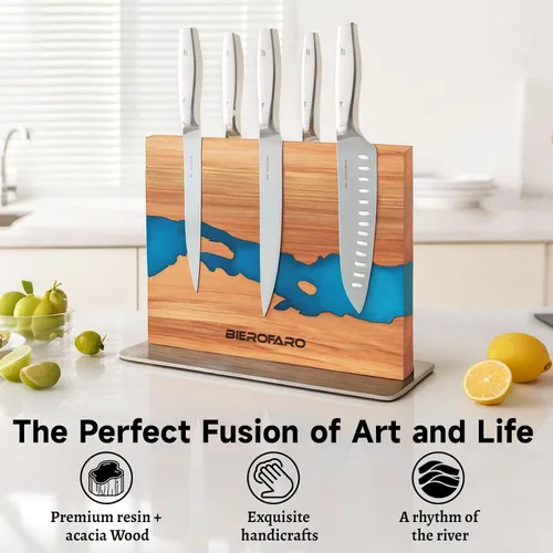 Vista 2 de Bloque magnético para cuchillos con base de acero, soporte para cuchillos de doble cara hecho de madera de acacia para cuchillos de chef, moderno