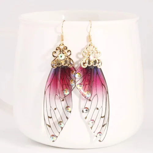 Vista 2 de CH - Pendientes de ala de mariposa hechos a mano con diamantes de imitación, joyería romántica