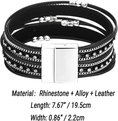 Vista 3 de Fesciory - Pulseras de cuero para mujer, cuentas de cristal, diseño de leopardo, estilo bohemio, múltiples niveles