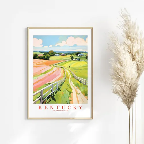 Vista 7 de ColorAndFlair Kentucky Travel Print Bluegrass State Souvenir KY Horses Nature Pink Green Wall Art Retro Poster Pintura de Paisaje (11 x 14 pulgadas)