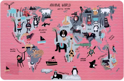 Vista 2 de Juego de 3 manteles individuales con diseño de mapa del mundo, diseño educativo de geografía de animales, para niños, mesa de plástico, divertidos