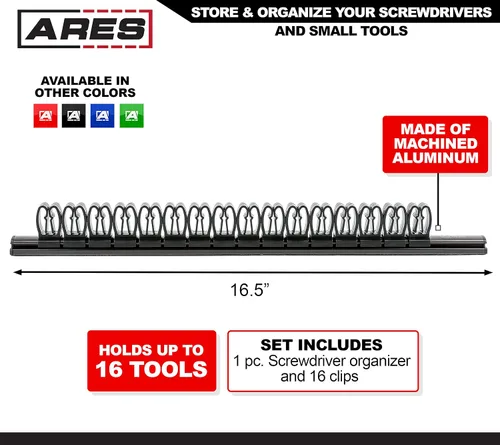 Vista 2 de ARES 62026 - Soporte para herramientas de mano negro de 16.5 pulgadas, riel de aluminio almacena hasta 16 destornilladores o herramientas pequeñas