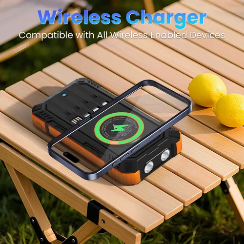 Vista 3 de Solar Power Bank 49800mAh - Wireless Portable Charger 15W Fast Charging with 4 Built-in Cables. Equipped with a Powerful Flashlight, IP65 Outdoor