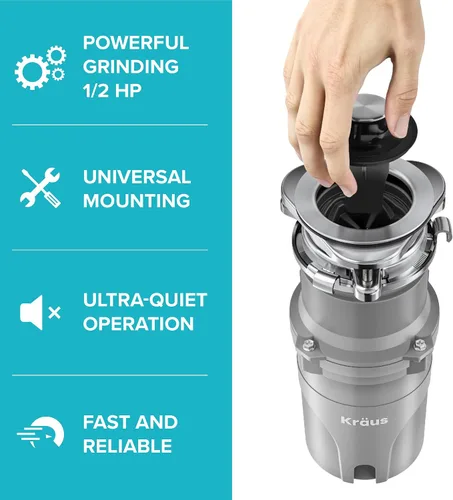 Vista 3 de KRAUS® WasteGuard™ - Triturador de basura de alimentación continua de 1/2 HP con motor ultrasilencioso de alta velocidad, cable de alimentación