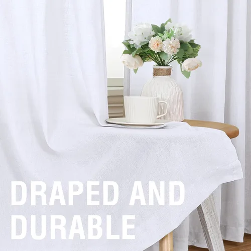 Vista 4 de H.VERSAILTEX Cortinas de lino natural de 63 pulgadas de largo para sala de estar, 2 paneles con pestañas traseras, bolsillo loop texturizado Blanco