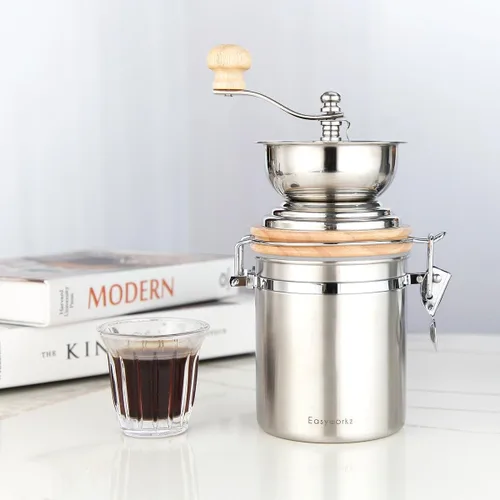 Vista 8 de Easyworkz Molinillo de café manual con recipiente hermético,Ajuste ajustable,Herramienta de molino de grano de café de rebabas de acero inoxidable