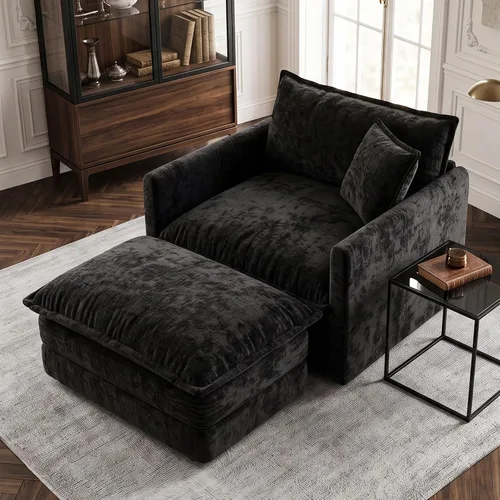 Vista 40 de Sofá individual modular de chenilla con otomana, sofá nube con almohada, color beige