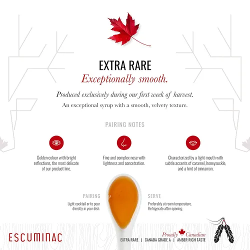 Vista 3 de Escuminac jarabe de maple canadiense, sabor rico ámbar extra raro, puro y orgánico. Botellas de vidrio mini 12 x 50ml, formato a granel