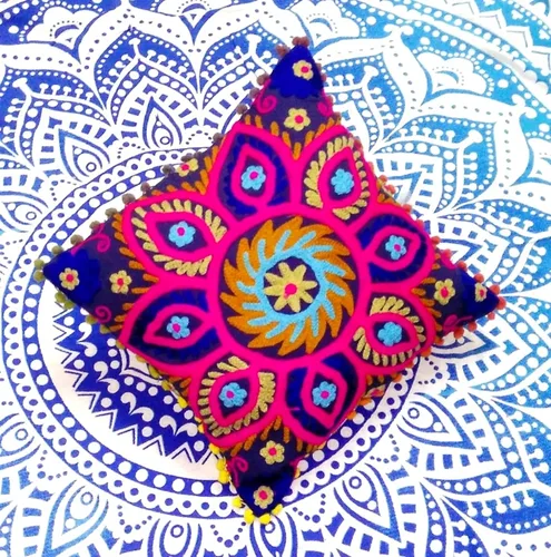 Vista 4 de INDACORIFY Suzani - Funda de cojín bordada de 16 x 16 pulgadas, funda de almohada decorativa, cojines indios con pompones para exteriores, fundas