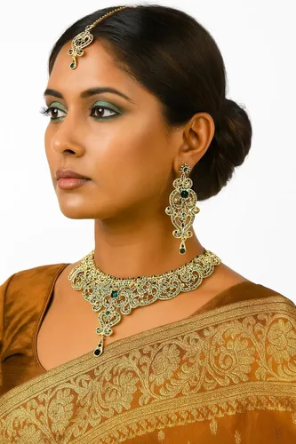 Vista 158 de Conjunto precioso de collar con look real Indian Bollywood, maravillosamente decorado, conjunto de collar adornado para mujer.