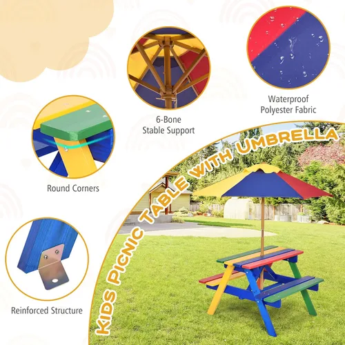 Vista 2 de Costzon Mesa de picnic para niños, mesa y sillas de madera de abeto para exteriores con paraguas extraíble, mesa de picnic para niños pequeños