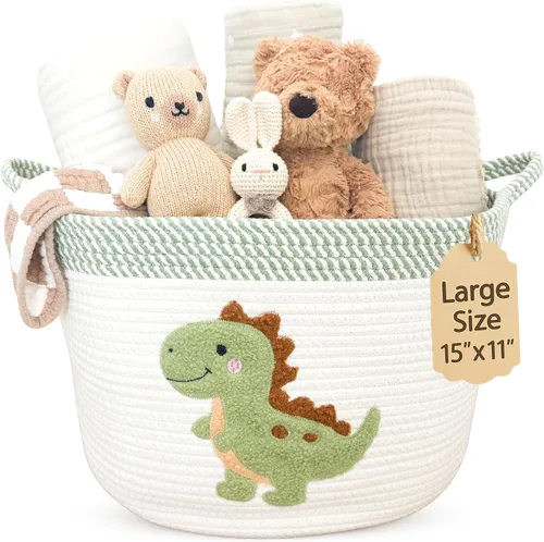 Vista 15 de Cesta de almacenamiento de conejito para bebé, cubo de cuerda de algodón tejido, 15 x 11 pulgadas Stuffed Animal and Blanket Storage, Embroidered