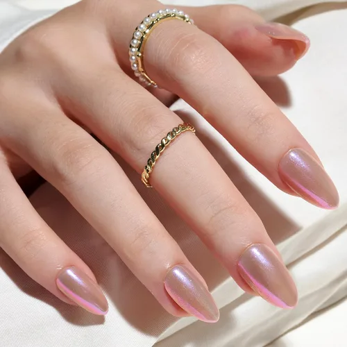 Vista 3 de GLAMERMAID Seashell Pink - Uñas postizas cortas a presión, color almendra