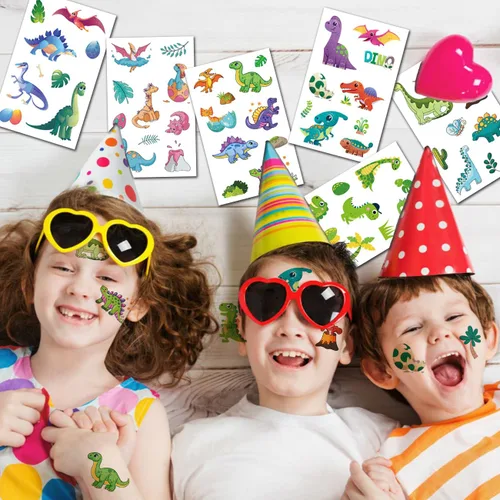 Vista 5 de CHARLENT 110 estilos de tatuajes temporales de dinosaurios con purpurina para niños, 14 hojas de tatuajes de dinosaurios con purpurina para niños