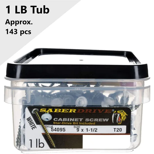 Vista 4 de Tornillos blancos SaberDrive #9 x 1-1/2" para gabinete, 1 libra, aprox. 143 piezas, tornillos de madera duraderos, rosca dentada para una fijación