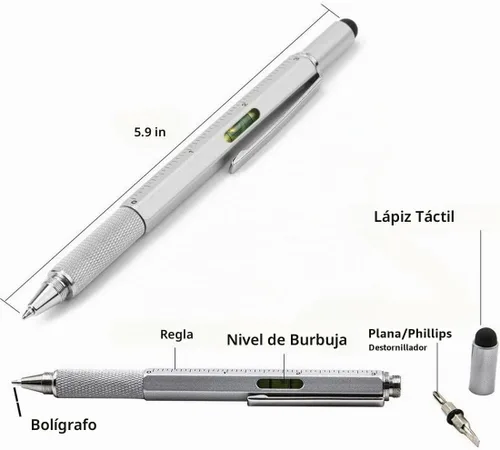 Vista 2 de Bolígrafo multifunción Tech-Tool con recambios de tinta, herramienta 6 en 1 con bolígrafo, lápiz táctil para pantalla, regla, nivel de burbuja Plata