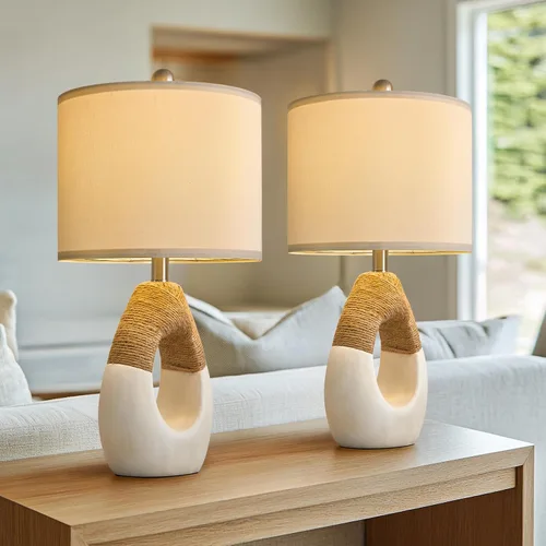 Vista 8 de Lámparas de Mesa Boho de 22" para Dormitorio Sala de Estar Conjunto Mejorado de 2 Lámparas de Mesa de Ratán Medianas Estilo Casa de Campo, Blanco