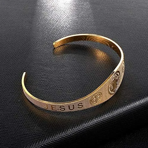 Vista 4 de Brazalete de acero inoxidable con cruz de exorcismo católica Jesús San Benito