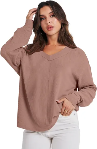 Vista 9 de ANRABESS Camisas de manga larga de gran tamaño para mujer, sudadera con hombros descubiertos, holgada, cuello en V, suéter alto y bajo 2025