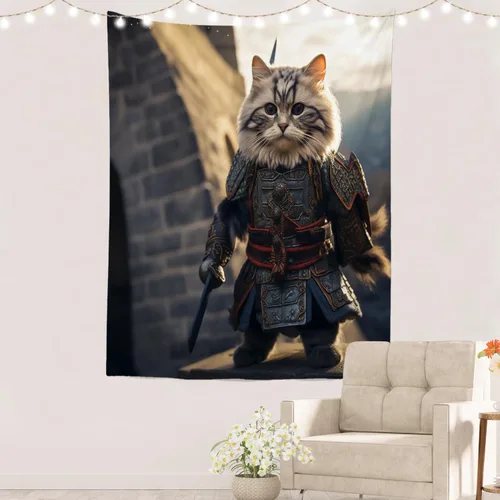 Vista 13 de Batmerry Cat In Armor Polyester Tapestry, Cat Armor Sword Warrior Battle Shield Lightweight Wall Hanging High-Definition Print Backdrop For Dorm