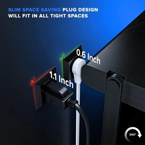 Vista 2 de Maximm Cable de extensión de enchufe plano giratorio de 360° de 1 pie, cable de extensión de 3 tomas de corriente múltiple de 16 AWG, cable
