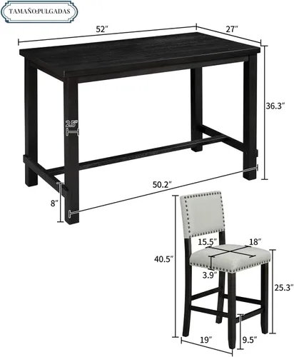 Vista 7 de P PURLOVE Juego de mesa de cocina de 5 piezas, mesa de comedor de altura de mostrador con mesa rectangular y 4 sillas acolchadas para lugares