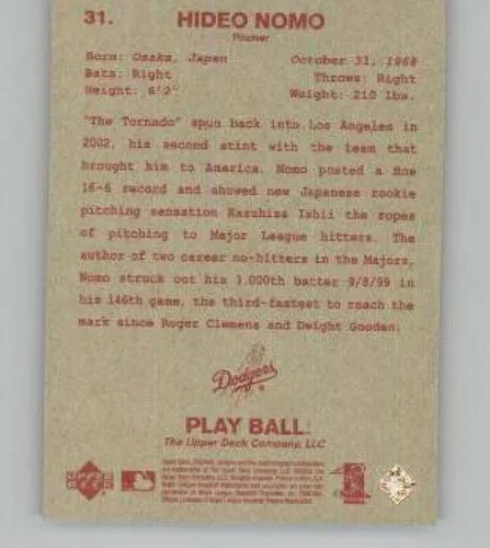 Vista 2 de 2003 Upper Deck Play Ball Red Backs #31 Hideo Nomo Los Angeles Dodgers MLB Baseball Trading Card