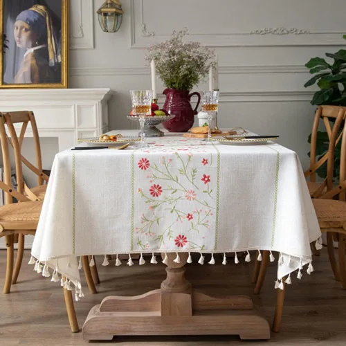 Vista 11 de AMZALI Mantel cuadrado de lino de algodón con bordado de hojas, diseño para granja, con borlas, sin arrugas, cubierta de mesa para decoración