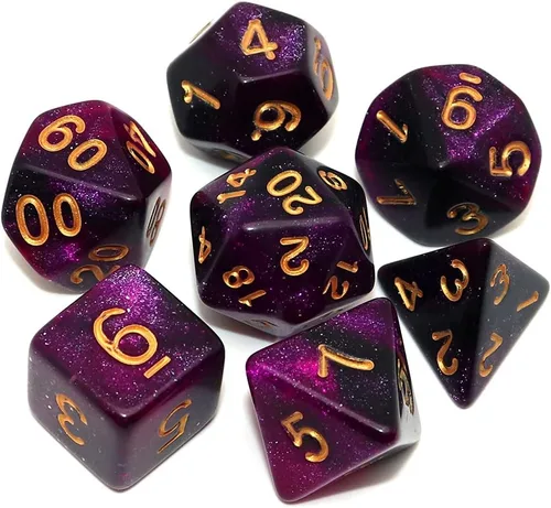 Vista 18 de Juego de dados poliédricos DND con brillo para juegos de rol de mazmorras y dragones (D&D) RPG, dados verdes mezclados con nebulosa negra