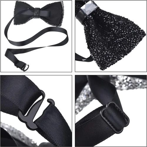 Vista 4 de 2 pajaritas con diamantes de imitación para banquete para hombre, preatadas para bodas y fiestas (negro y plateado), Negro y plateado