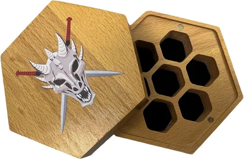 Vista 4 de Juego de dados de metal de escamas de dragón en negro, encerrados en una caja de exhibición de madera de seis caras con tapa magnética