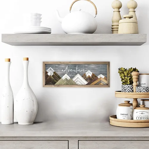 Vista 3 de Letrero enmarcado de aventura espera, decoración de pared de estilo rústico, 6 x 18 pulgadas wood-frame canvas, 1.25in thick, indoor, entryway