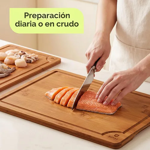 Vista 8 de ROYAL CRAFT WOOD Tablas de cortar de madera para preparar comidas de cocina y servir – Juego de tablas de cortar de bambú no tóxicas con asas Marrón