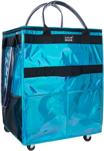 Vista 24 de Bolsa de comestibles reutilizable sobre ruedas, carrito de compras con 8 bolsillos y cubierta con cremallera, bolsa plegable con ruedas, asas