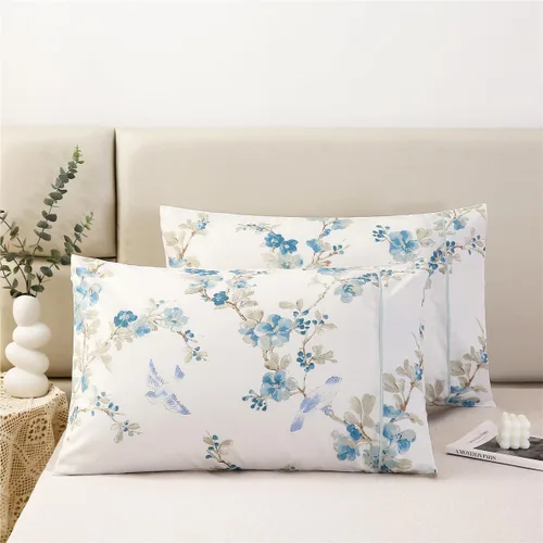 Vista 18 de URBONUR Fundas de almohada 100% algodón tamaño estándar, paquete de 2 fundas de almohada estándar con estampado floral azul, cierre de sobre súper