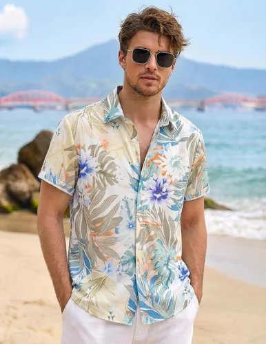 Vista 2 de ZAFUL Camisa hawaiana de manga corta con botones para hombre, estilo casual, tropical, floral, para verano, playa, vacaciones, polo 0_PAT2