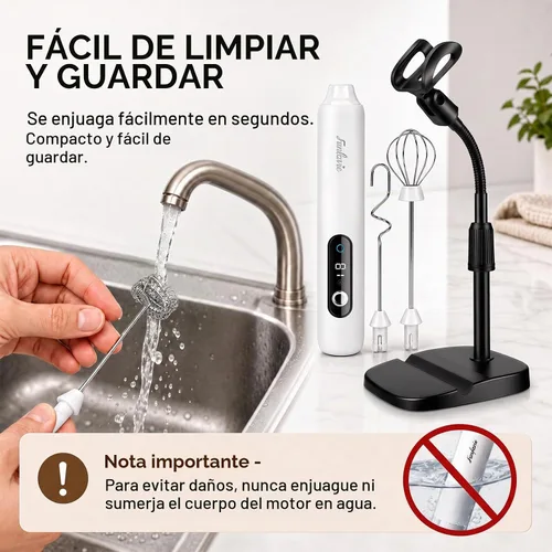 Vista 5 de Varita espumadora de leche de mano recargable con soporte de clip Blanco-Manos Libres