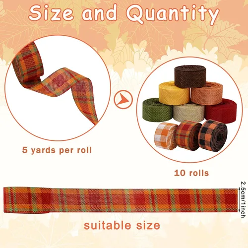 Vista 2 de Whaline 10 rollos de cinta de arpillera a cuadros de otoño de 50 yardas de 1 pulgada de cinta decorativa para otoño, Acción de Gracias