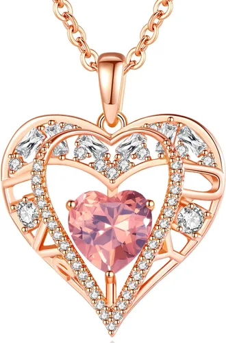 Vista 55 de Collar de cristal de 5 corazones, chapado en oro rosa de 18 quilates, colgante con cadena de plata de ley 925 de 18 + 2 pulgadas, joyería de piedra