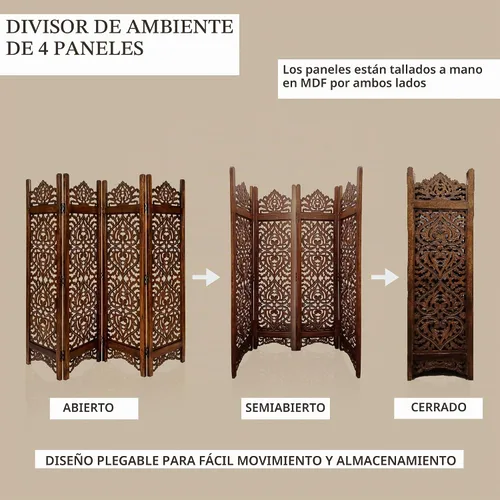 Vista 3 de LightnPro - Separador de ambientes de madera de 4 paneles, pantalla plegable tallada a mano de 64 x 48