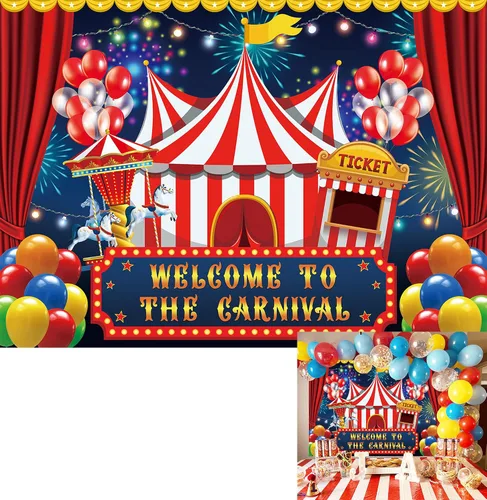 Vista 9 de Telón de fondo de circo de carnaval de 7 x 5 pies, carpa de circo, telón de fondo para fiesta, carrusel, taquilla, fondo para niños, niños, bebés