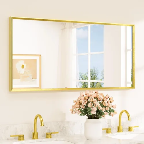 Vista 23 de TETOTE Espejo de baño dorado cepillado de 20" x 30", espejo de tocador de baño rectangular de latón dorado cepillado con marco biselado para sobre