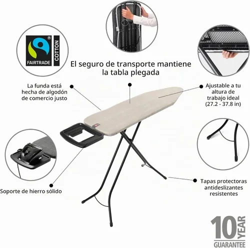 Vista 2 de Brabantia Tabla de planchar cómoda con soporte para plancha de vapor sólido Mediano (talla B) Funda gris mezclilla de comercio justo Altura
