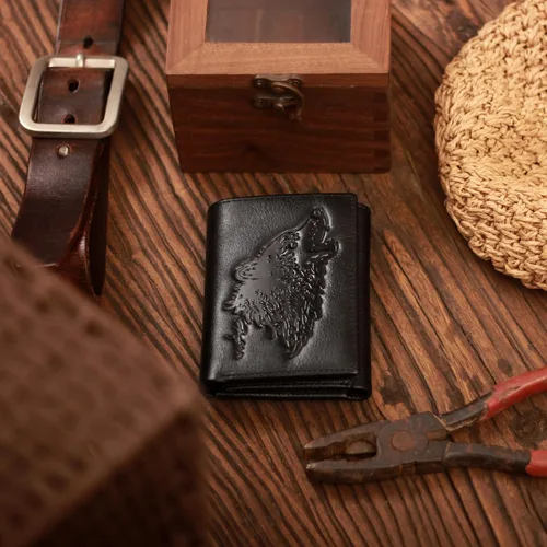 Vista 2 de skneephate Cartera personalizada de lobo para hombres, billeteras triples para hombres, con bloqueo Rfid, carteras de cuero, regalos para él