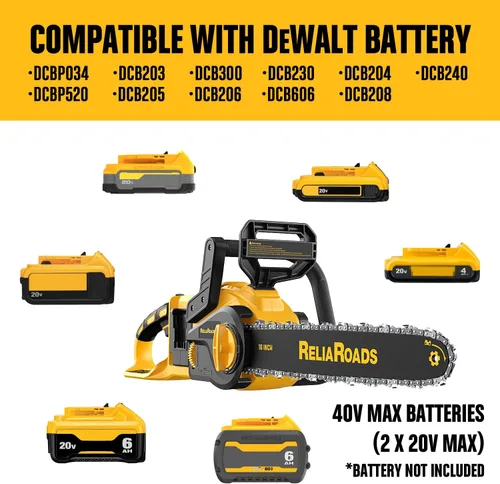 Vista 2 de ReliaRoads - Motosierra sin escobillas de 16 pulgadas, de 40V (2 x 20V MAX) inalámbrica con batería recargable compatible con batería DeWALT, ideal