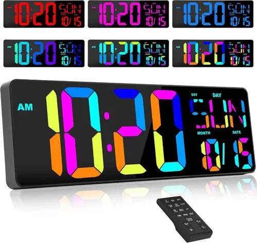 Vista 10 de Reloj de pared digital con pantalla grande: reloj digital LED de 16.5 pulgadas con control remoto, fecha, semana, DST automático, brillo ajustable