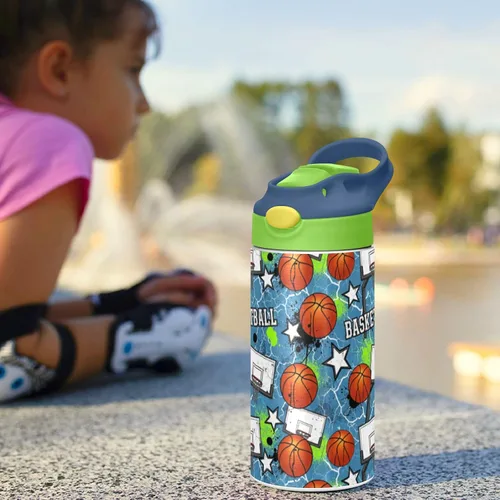 Vista 6 de Stars Basketball - Botella de agua aislada para niños y niñas con tapa de pajilla, vaso de acero inoxidable de 12 onzas, a prueba de fugas, sin BPA