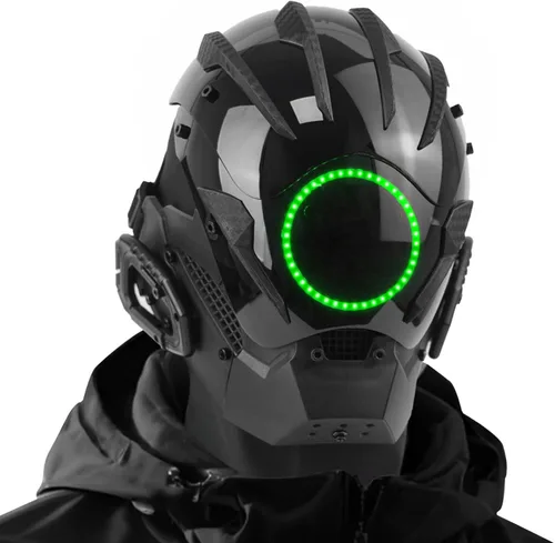 Vista 12 de Máscara punk cosplay para hombres, casco gótico samurái con luz LED para Halloween, fiesta, festival