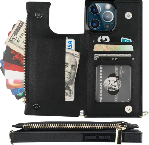 Vista 3 de Bocasal Funda tipo cartera cruzada para iPhone 13 Pro Max con soporte de ranura para tarjetas de bloqueo RFID, funda magnética con tapa, bolso