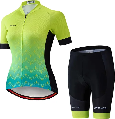 Vista 131 de Camiseta de ciclismo para mujer, manga corta y pantalones cortos de ciclismo acolchados para verano